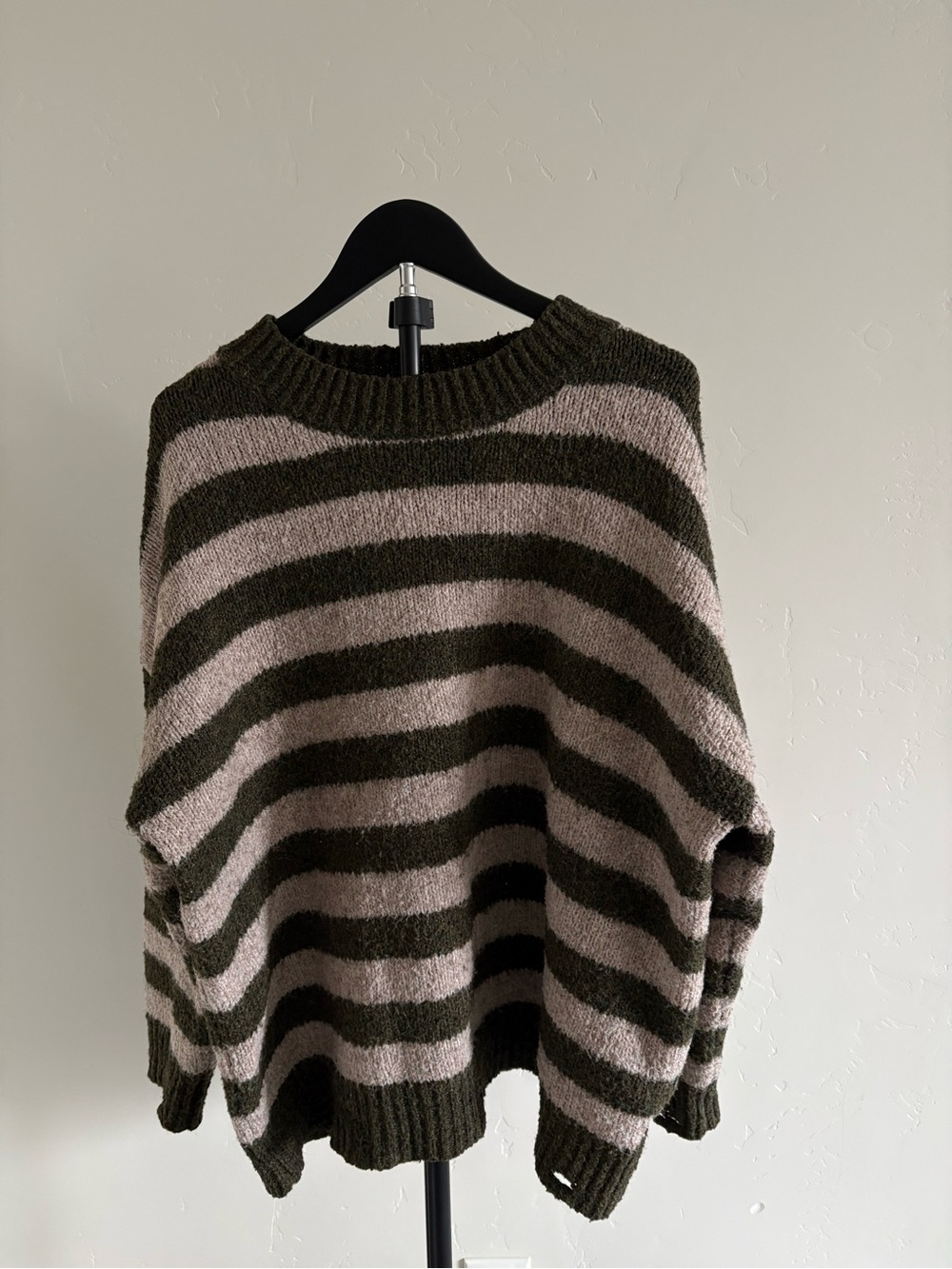 Shop Stevie Oversized Distressed Striped Knit Sweater Olive Taupe